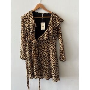Free People Dress Womens XS Brown Animal Wrap Ruffle Belted Long Sleeve‎ Mini